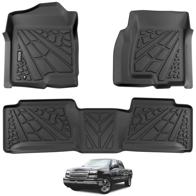 フロアマット 2001-2007 シボレー シルバラード/GMC シエラ 1500/2500/3500用 (拡張キャブ クラシックボディスタイル 1列目2列目ライナー用)、TPE 全天候保護 フロアライナー 3D カスタムフィット