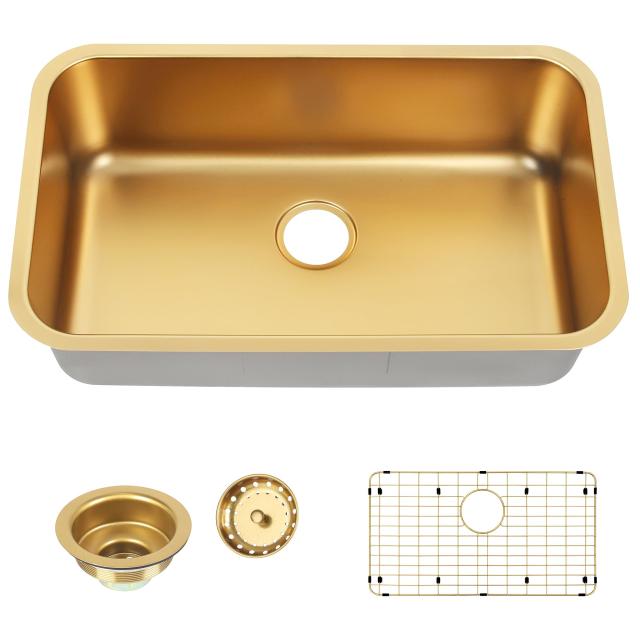 ゴールドキッチンシンク、30インチ x 18インチ x 9インチ シングルボウルキッチンシンク、30インチの大型で深いアンダーマウントスタイルシンク、30インチx18インチのステンレススチール素材、シンクグリッドとシンク排水アセンブリ付き。_1