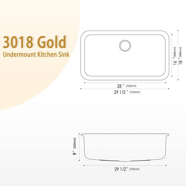 ゴールドキッチンシンク、30インチ x 18インチ x 9インチ シングルボウルキッチンシンク、30インチの大型で深いアンダーマウントスタイルシンク、30インチx18インチのステンレススチール素材、シンクグリッドとシンク排水アセンブリ付き。_3
