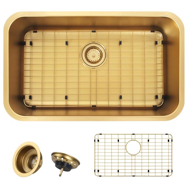 ゴールドキッチンシンク、30インチ x 18インチ x 9インチ シングルボウルキッチンシンク、30インチの大型で深いアンダーマウントスタイルシンク、30インチx18インチのステンレススチール素材、シンクグリッドとシンク排水アセンブリ付き。