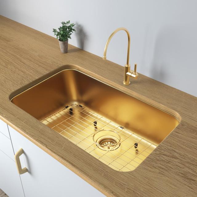 ゴールドキッチンシンク、30インチ x 18インチ x 9インチ シングルボウルキッチンシンク、30インチの大型で深いアンダーマウントスタイルシンク、30インチx18インチのステンレススチール素材、シンクグリッドとシンク排水アセンブリ付き。_4