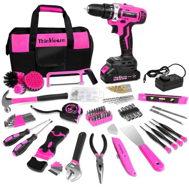 ThinkLearn ツールキット 20Vコードレスドリル(266インチ)付き ピンクドリルセット 女性用 DIY用 レディースホームツールキット 日々の修理ツールセット クリエイティブなギフトに 大容量の工具収納バッグ付き