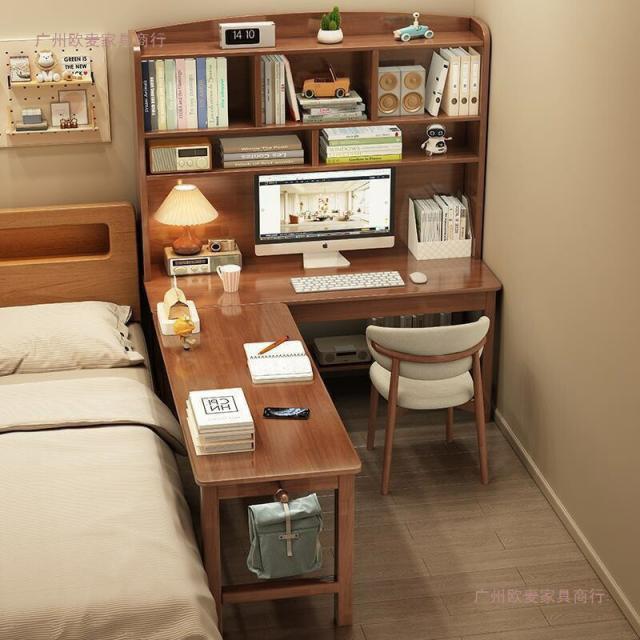 無垢材の角の机の書架の一体の机の寝室L型の半包囲のコンピュータの机の本棚の組み合わせ字を書く学習机です_1