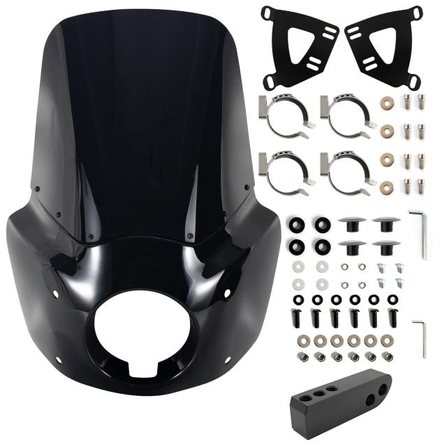 オートバイ 5.75インチ ヘッドライトフェアリングカバー 15インチ ダークスモークフロントガラス42-50mmマウントキット Harley 2006-2017 Dyna Low Rider Softail Street Bob Super Glide