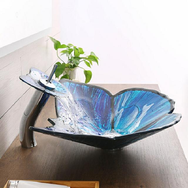 田?風 蝶型 ガラス洗面器 アート台上盆 バスルーム用 個性的な洗面盆 ホテル 洗面台 手洗いボウル