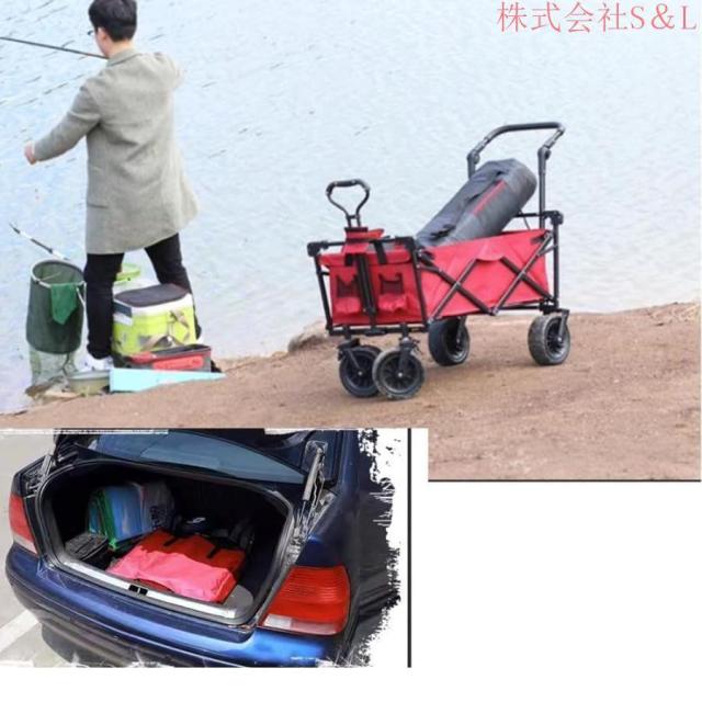 キャリーワゴン キャリーカート 大容量 アウトドアワゴン、キャンプカート 分は取り外し可能なので ブレーキ付きホイール で長い荷物も運べる ゴムバンド2本付き_1