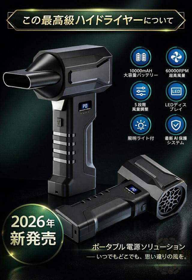 【2026 新発売 】ブロワー 洗車 強力 1200g超強推力 60000RPM高速回転 5段階風量調整 コードレス 小型電動 エアダスター Type-C充電式 高輝度LEDライト付 軽量 携帯便利 洗車 落ち葉 除雪 PC掃除 キーボード エアコン対応 家庭 車内 業務 アウトドア兼用_2