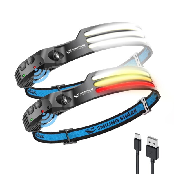 Smiling Shark 充電式 LED ヘッドライト, USB充電可能 3 倍高輝度アウトドアヘッドランプ 230°広角照明 集光 超軽量 IPX4 防水防塵 8時間連続使用可能 キャンプ 登山 散歩 釣り 作業 停電用 防災