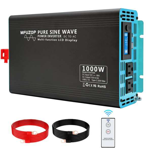 MFUZOP インバーター 正弦波 1000W 12V DC〜110V AC ピーク2000W リモコン付き USBおよびType C充電伝送インターフェース LCD液晶ディスプレイ カーインバーター デュアルACソケット インバーター 12vの通販は