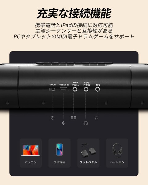 Donner 電子ドラムセット ロールアップ ドラムパッド スピーカー内蔵 2WAY給電 MIDI 録音機能 デモ12曲 9リズム 子供 初心者 フットペダル スティック オーディオ&USBケーブル 日本語取扱説明の通販は