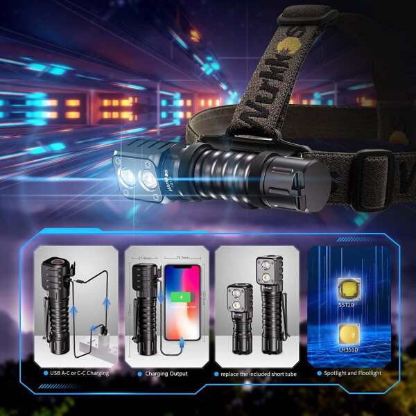 Wurkkos LEDヘッドランプ充電可能、HD15 2000 lm直角フラッシュ、90高CRI LH 351 D LED付き、強力なSST 20 LEDスポットライトヘッドランプ、IPX 8防水、大人のキャンプ徒歩ランニングに適している (HD1