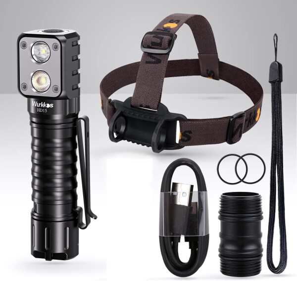 Wurkkos LEDヘッドランプ充電可能、HD15 2000 lm直角フラッシュ、90高CRI LH 351 D LED付き、強力なSST 20 LEDスポットライトヘッドランプ、IPX 8防水、大人のキャンプ徒歩ランニングに適している (HD1