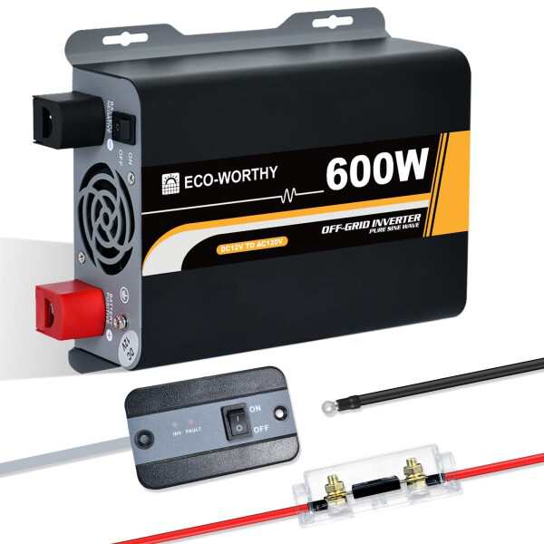 ECO-WORTHY 600W純正弦波 インバーター コンセント: DC12VをAC120Vに変換 USB対応 インジケータライト USB出力ポート リモートディスプレイ 冷却ファン 家庭で使える 住宅 小屋 別荘 静音対応の通販は