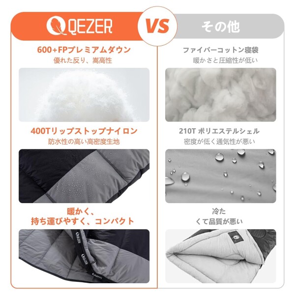 QEZER 寝袋封筒型シュラフ 軽量高級ダウン シュラフ 300g〜500g
