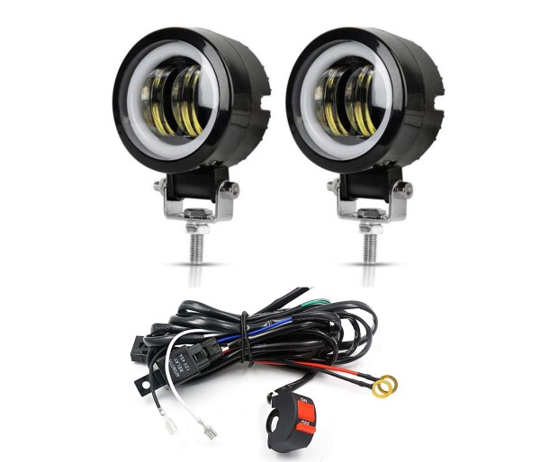 LEDフォグランプ、12V・24V兼用、角度調整可能、ハーネス付き、車両・バイク・船舶・農業・建設・工場など幅広く使用可能 (ハーネス付き)