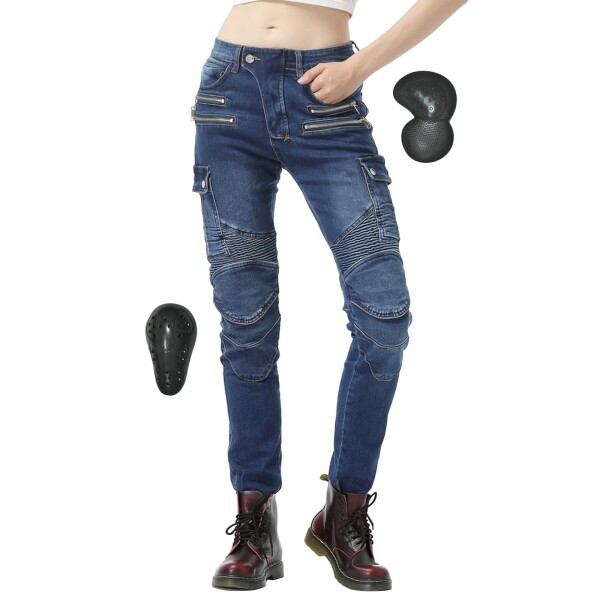 (RENHE) バイク パンツ レディース ライディングパンツ プロテクター バイクズボン スリム 耐磨耗 バイクレディースパンツ 春夏秋向け 伸縮性 ブルーB Sサイズの通販は