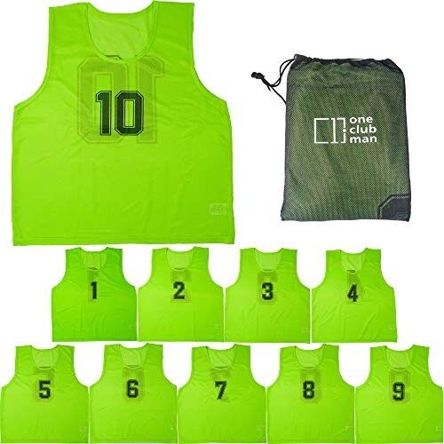 (one club man) ビブス 10枚セット 1-10番 収納バッグ付き サッカー バスケ 全5色 2サイズ (ジュニアサイズ, グリーン)の通販は 7,388円