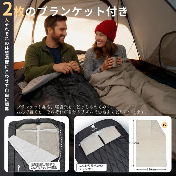 GEER TOP 寝袋 2人用 シュラフ 封筒型 敷き布団 防寒 保温 厚手 洗い可能 コンパクト アウトドア キャンプ 旅行 車中泊 ツーリング 来客用 緊急時 220X150CM 収納袋付き Geer Top 寝袋 2人用 シュラフ 封筒型 敷き布団 防寒 保温 厚手 洗い