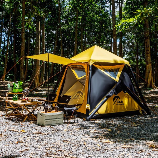 TAILI ドームテント 2人用 インフレータブル キャンプテント ツーリングドーム ポンプ付き 軽量 大空間 大人用 防水 収納袋付き 設営簡単 折り畳み式 自立式 通気 防風イエロー