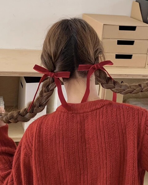 Sheepyo ベロア リボン ヘアゴム 赤 ヘアアクセ ベルベット シュシュ