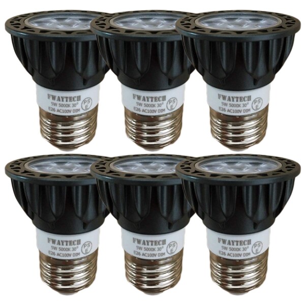 FWAYTECH ledハロゲン電球 e26 昼白色 調光対応 5W 中角30度 ハロゲン電球40W〜50W相当 ダクトレールLEDスポットライト レフ電球代替 密閉器具対応 (5000K昼白色相当, E26口金 調光 (本体黒) 6個)