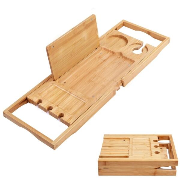Utoplike バスタブトレー 竹製 バストレー 調整可能 お風呂テーブル バステーブル 伸縮性 バスラック お風呂トレイ 携帯 ワイン ホルダー