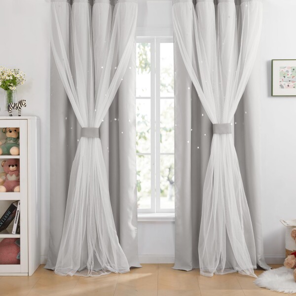 Deconovo 遮光カーテン 星柄 二重 姫系 レース付き レースカーテン