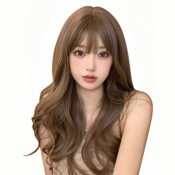 RyuuCos 女性用 かつら ロングヘア カール ぱっつん前髪 ブラウン 茶色 ウィッグ 巻き髪 蜜茶亜麻 コスプレ 耐熱性 変装 仮装 プレゼント イベント ハロウイン クリスマス 学園祭 文化祭 お