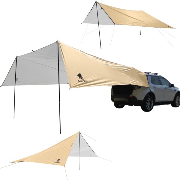 Geer Top カーサイドタープ 車用 リアゲートタープ カーサイドオーニング 大型 20m2広い日陰面積 防水 遮熱 日よけ 設営簡単 アウトドア キャンプ 車中泊 ツーリング ポール2本付き カーキ