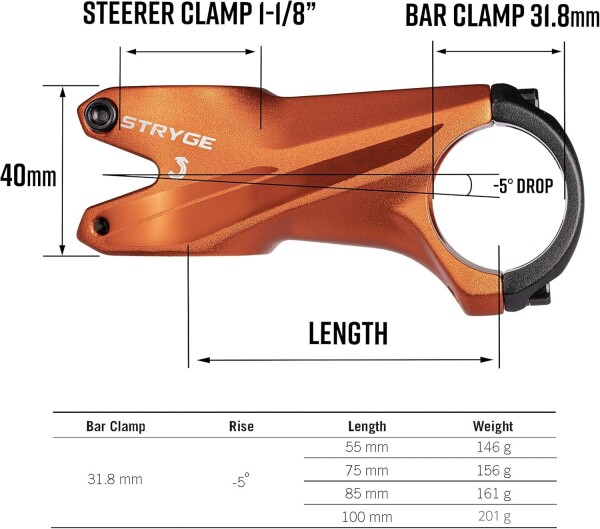 Funn(ファン) ストライジ(STRYGE) ドロップハンドルステム、角度 -5°、長さ55mm、バークランプ31.8mmのステム、マウンテンバイク、BMXバイク、ロードバイク、グラベルバイク用自転車ステム (