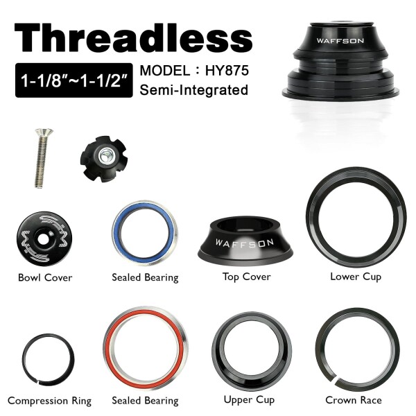 WFS HY875 セミインテグレーテッドテーパーヘッドセット 1-1/8インチ~1.5インチ - CNC合金、シールドベアリング、15.4mmトップコーン、トップキャップとスターナット付き、ブラック。 WFS HY875 セミインテグレーテッドテーパーヘッドセット 1-1/8インチ