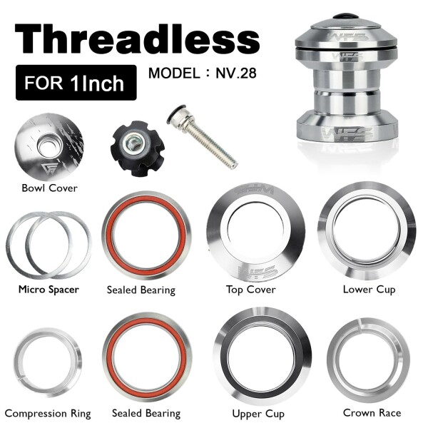 WFS NV.28 1インチ スレッドレスバイクヘッドセット - CNC合金 ISO 26.4mm クラウンレース シールドベアリング トップキャップとスターナット付き シルバー