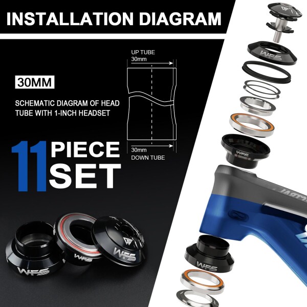 WFS NV.28 1インチ スレッドレスバイクヘッドセット - CNC合金 ISO 26.4mm クラウンレース シールドベアリング トップキャップとスターナット付き ブラック