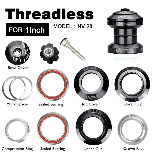 WFS NV.28 1インチ スレッドレスバイクヘッドセット - CNC合金 ISO 26.4mm クラウンレース シールドベアリング トップキャップとスターナット付き ブラック