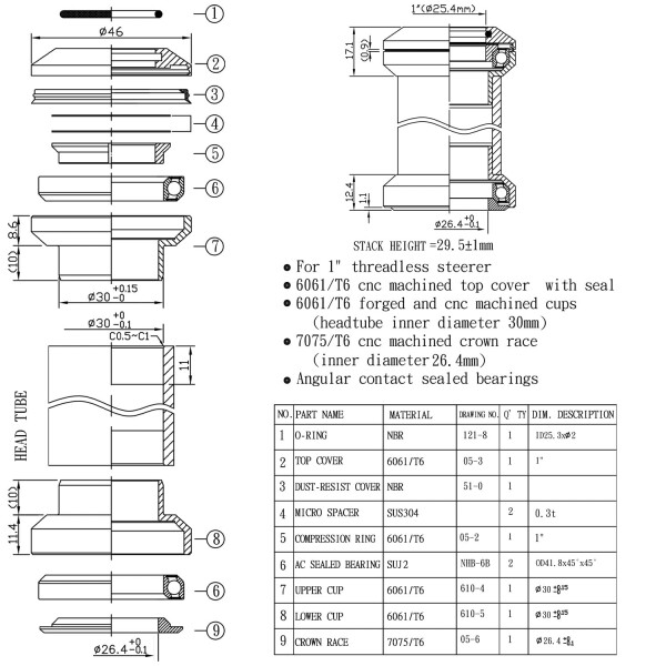 WFS NV.28 1インチ スレッドレスバイクヘッドセット - CNC合金 ISO 26.4mm クラウンレース シールドベアリング トップキャップとスターナット付き ブラック