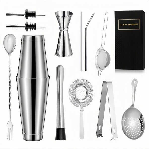 ステンレス製カクテルシェイカーセット 4点 ステンレス製カクテルシェイカーセット 550ml - バーテンダー初心者用