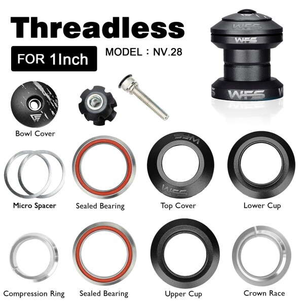 ヘッドセット WFS NV.28 1 Inch Threadless Bike Headset - CNC Alloy, ISO 26.4mm Crown Race, Sealed Bearings, Includes Top Cap and Starnut, Matte Black