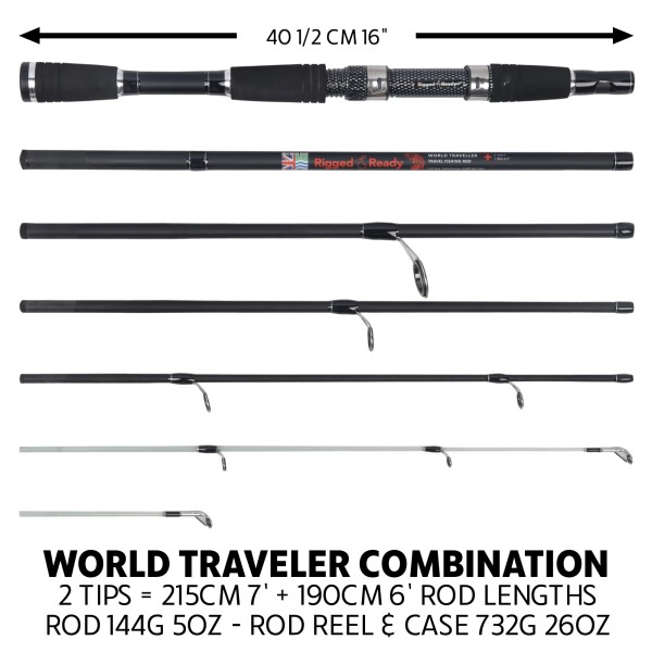 Rigged and Ready World Traveller Travel Fishing Rod Reel & Case Set コンパクト6セクション、2つのティップ。超コンパクトな持ち運びサイズ。2-in-1、1.9m + 2.15m（6.4' + 7'）フィッシングロッド + 2つのティ