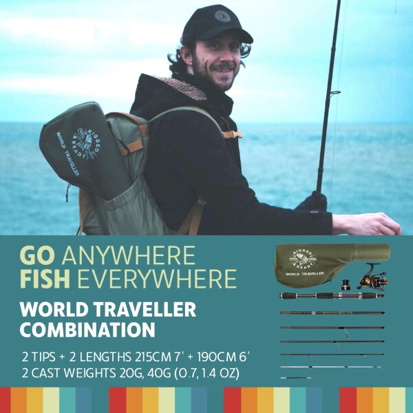 Rigged and Ready World Traveller Travel Fishing Rod Reel & Case Set コンパクト6セクション、2つのティップ。超コンパクトな持ち運びサイズ。2-in-1、1.9m + 2.15m（6.4' + 7'）フィッシングロッド + 2つのティ