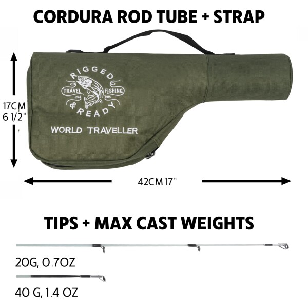 Rigged and Ready World Traveller Travel Fishing Rod Reel & Case Set コンパクト6セクション、2つのティップ。超コンパクトな持ち運びサイズ。2-in-1、1.9m + 2.15m（6.4' + 7'）フィッシングロッド + 2つのティ
