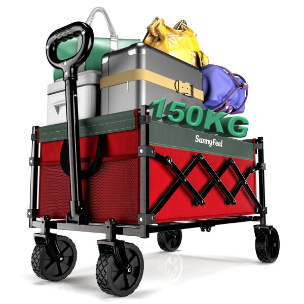 SunnyFeel 大容量120L 耐荷重150k キャリーワゴン 小型 アウトドアワゴン 折りたたみ 本体・底板一体型 アウトドア用キャリーカート タイヤ取り外し可能 4輪 コンパクト 静音 軽量 5.1KG 自立