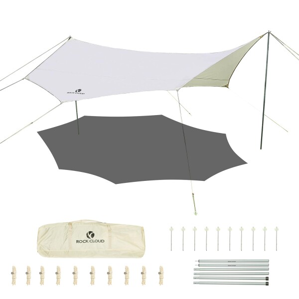 ROCK CLOUD タープ 八角形 5x4.6m 天幕 防水タープ キャンプタープ 日除け 高耐水加工 遮熱 UPF50+ 紫外線カット 2000ｍｍ耐水圧 8-10人用 ポール付き キャンプ用品 ピクニック アウトドア 収納袋