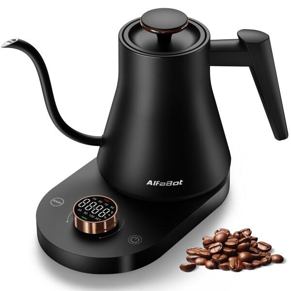 AlfaBot 電気ケトル 温度調節 コーヒーケトル 細口 ドリップケトル 1[度]単位温度設定 1.0L大容量 空焚き防止 急速沸騰 8時間保温 LED表示パネル 電気ポット お手入れ簡単 お茶 コーヒー