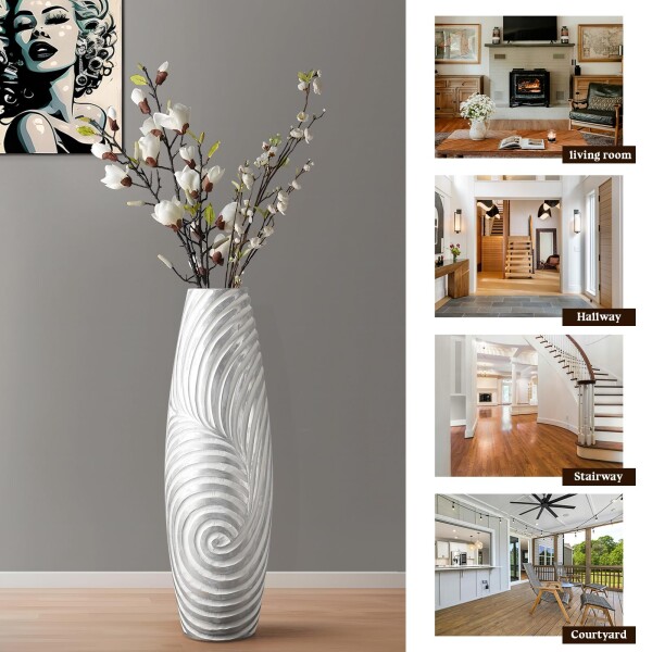 DKTDT 背の高い床の花瓶 - 26.8インチ ラージ ホワイト シルバー 装飾
