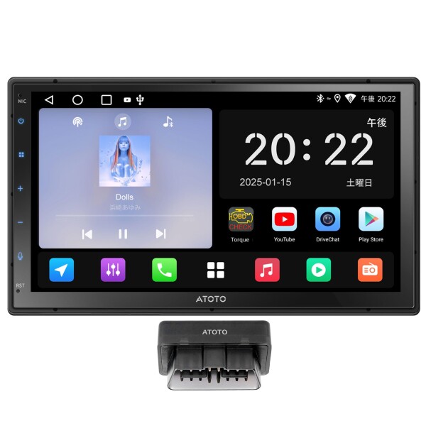 ATOTOEXCEL A5L Android 2DIN ディスプレイオーディオ、7インチアンドロイドナビ、OBD2スキャナ付き、CarPlay&Android Autoワイヤレス、Wi-Fi/Bluetooth/USB テザリング、映像出入、24バンドEQ、HD LRV、ステ
