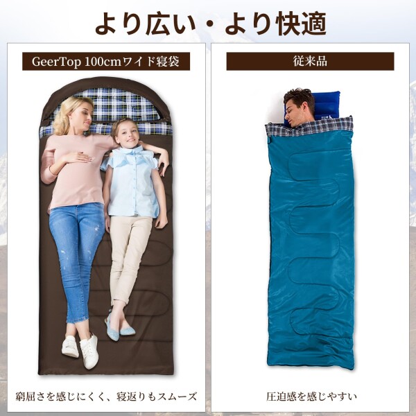 Geer Top キャンプ 寝袋 冬用 シュラフ 幅100cm ワイドサイズ フランネル コンパクト 丸洗い 軽量 封筒型 おおきいサイズ -5[度]〜15[度] 撥水 保温 アウトドア キャンプ 車中泊 登山 防災 緊急対