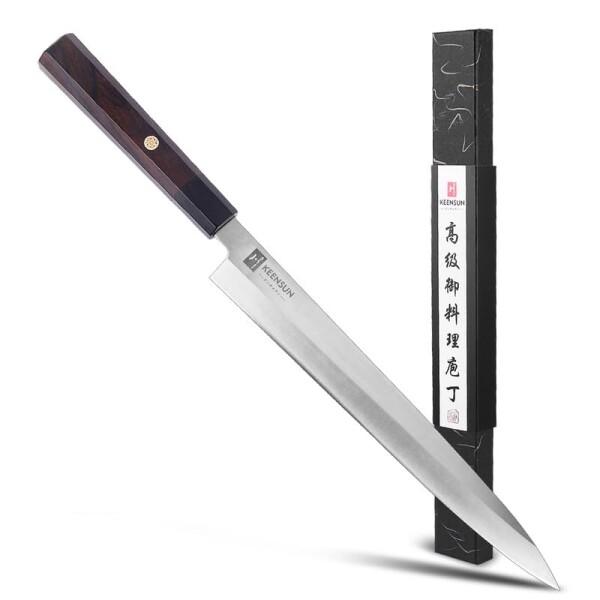 KEENSUN 包丁 刺身包丁 刃渡り270mm AUS-8ステンレス鋼 正夫 柳刃包丁 片刃 右利き 料理用 業務用 家庭用 魚 生魚 切る プレゼント 八角型ハンドル素材は花釘の黒檀と黒い牛角