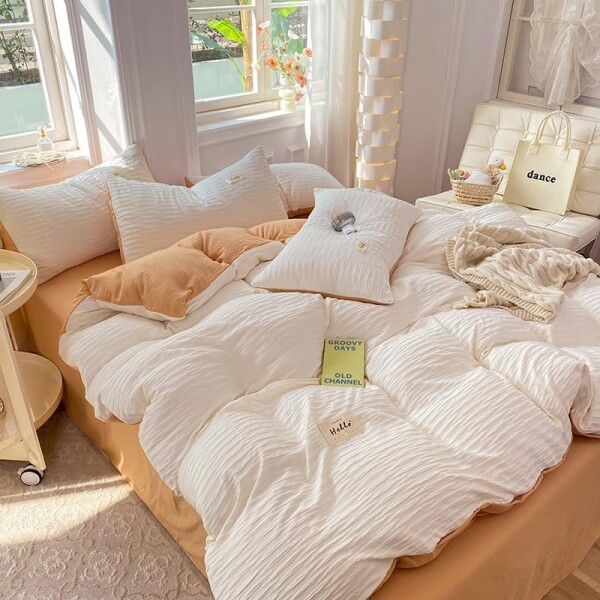 布団カバー 寝具カバー 夏用 4点セット 190×210cm ダブル シアサッカー生地 掛け布団カバー ボックスシーツ 枕カバー 洋式・和式兼用 おしゃれ 北欧 肌触り 無地 ベット 洗濯機可 ホテル仕