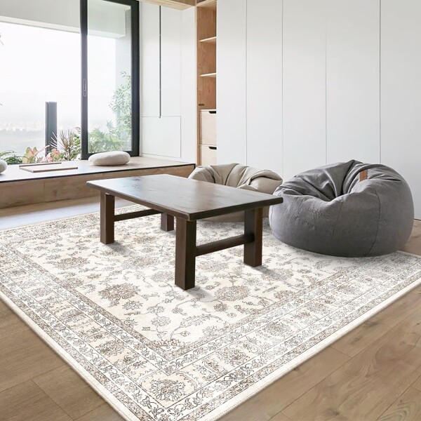 FORTSEA 洗えるラグマット 2畳 190×190cm 正方形 防音 滑り止め ペルシャ風 カーペット 花柄 短毛 リビング ダイニング 寝室用 軽量 薄手