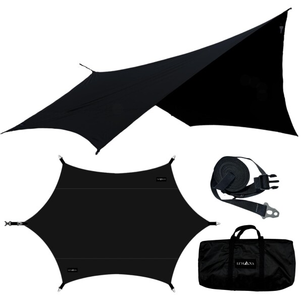 LUHANA タープ ヘキサタープ 難燃性ポリエステル 耐水圧8000mm ブラックコーティング 遮光 大型 5m延長ベルト付き 軽量 (ブラック（難燃性ブラックコーティング） 420×410cm（タープ本体＋延